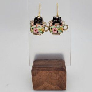 Kitty Cats in Floral Teacups! Dangle Hook Hypoallergic Gold Plated Earrings